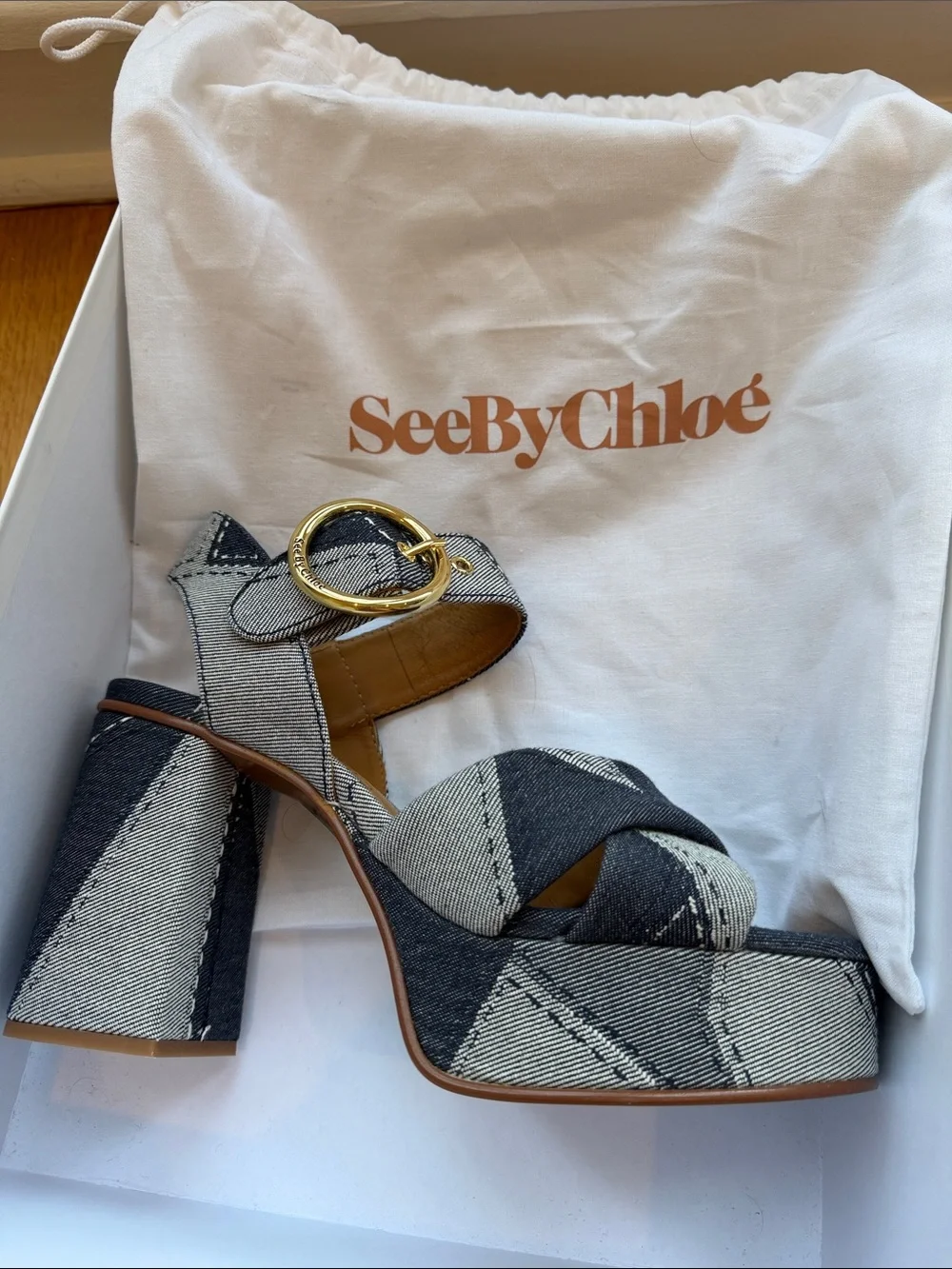 See by Chloe Platform Block Heel Sandals in Blue Denim